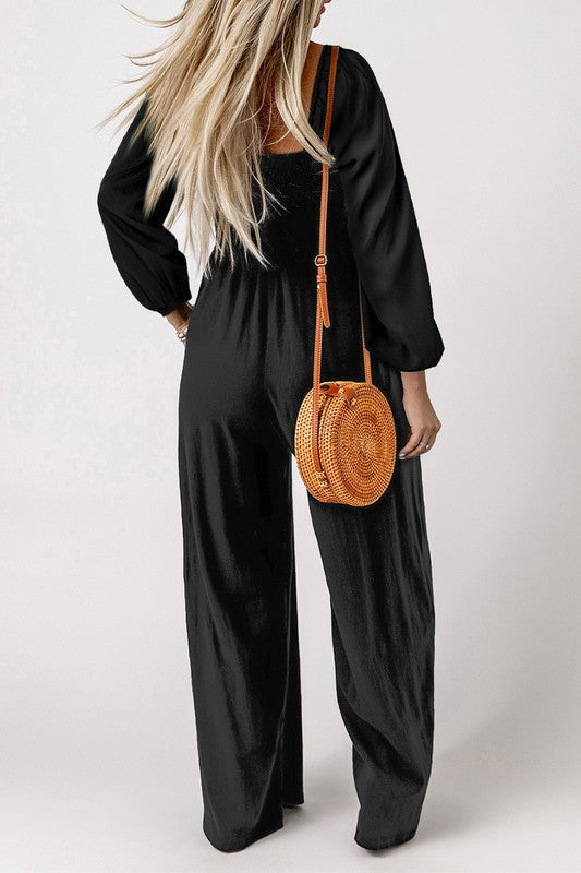 Long Sleeve Square Neck Smocked Bodice Jumpsuit