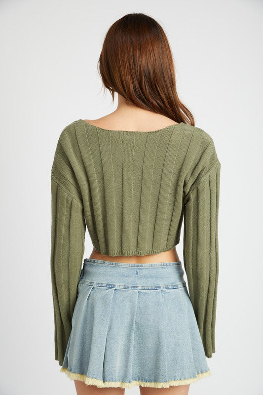 WIDE RIB LONG SLEEVE V NECK TOP