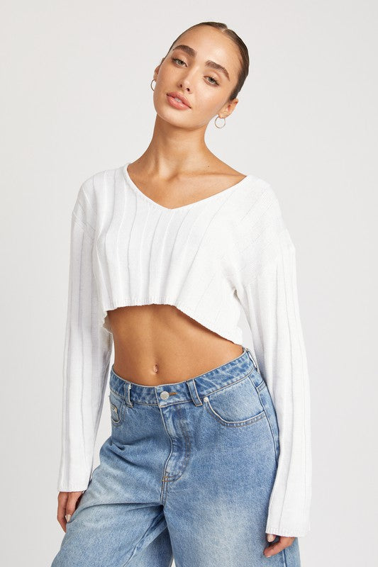 WIDE RIB LONG SLEEVE V NECK TOP