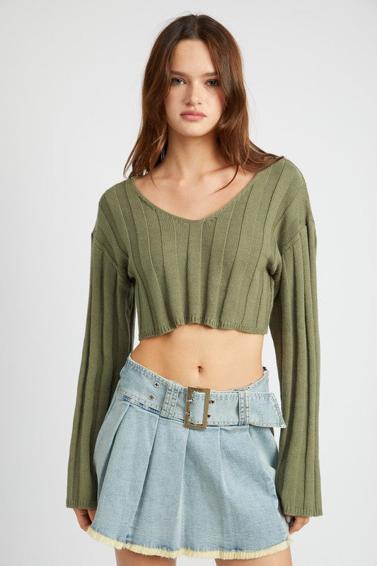 WIDE RIB LONG SLEEVE V NECK TOP