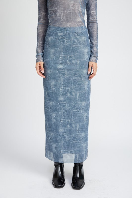 HIGH RISE PRNTED MAXI DENIM SKIRT