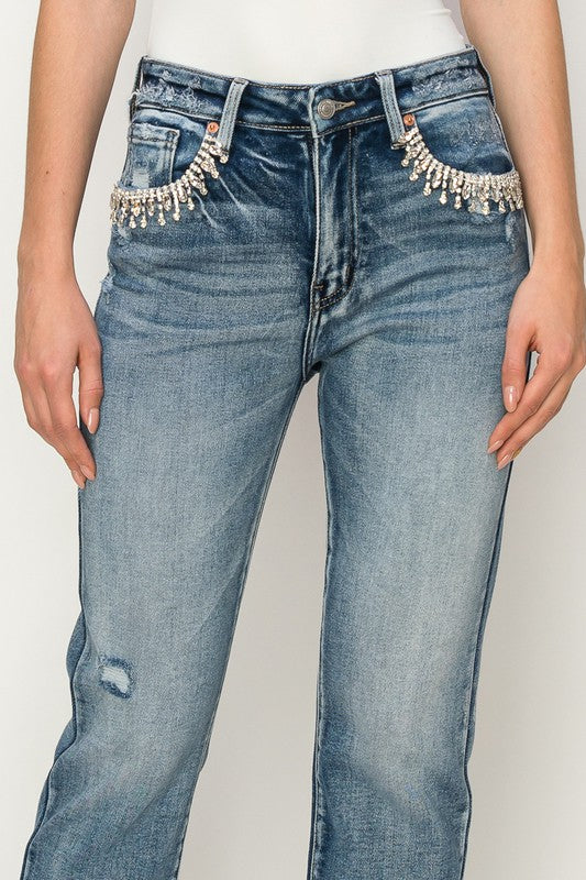 High Rise Crystal Embellished Crop Straight Jeans