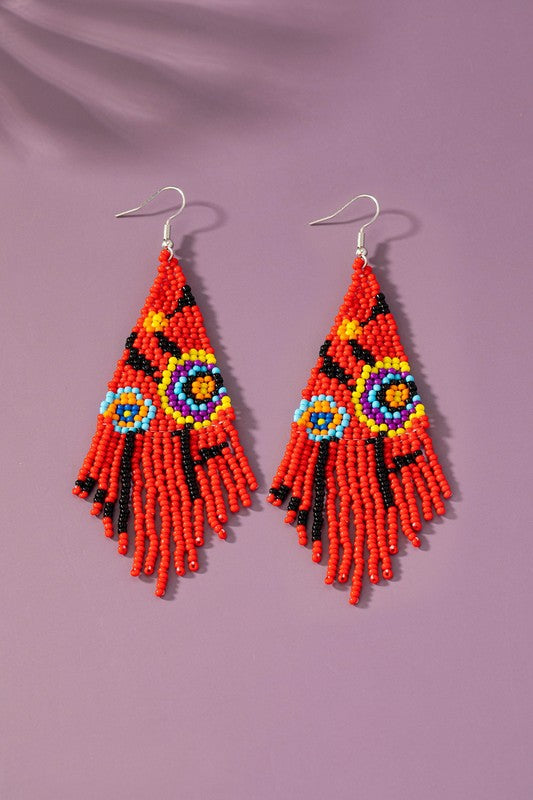 red flower seed bead drop earrings