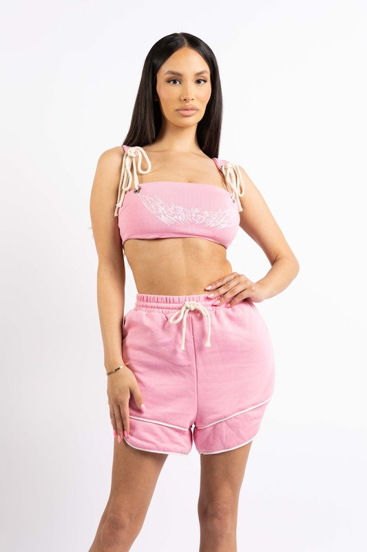 Crop top and binding detailed shorts