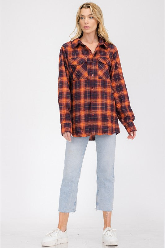 Women Oversized Checker Plaid Flannel Long Sleeve