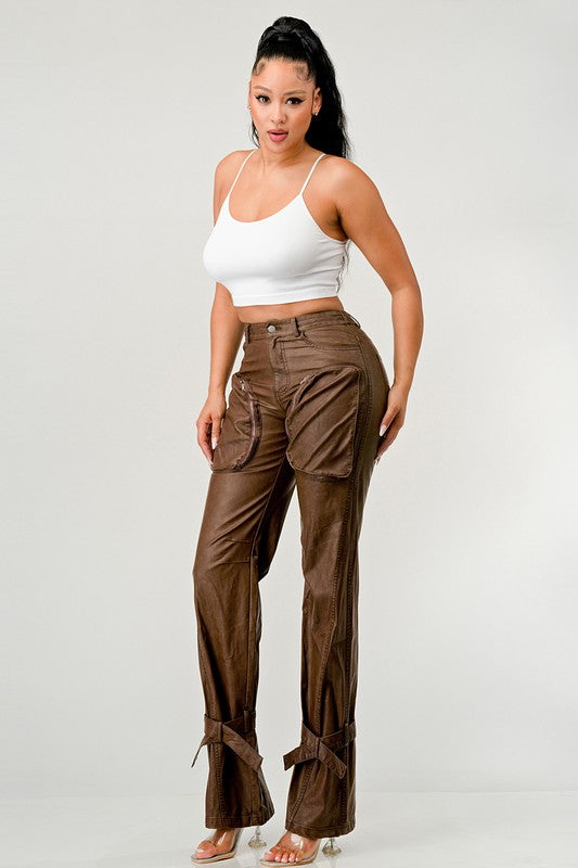 Athina PU Brown Cargo Pants