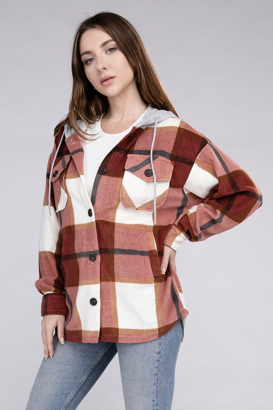 Plaid Drawstring Hooded Fleece Shacket