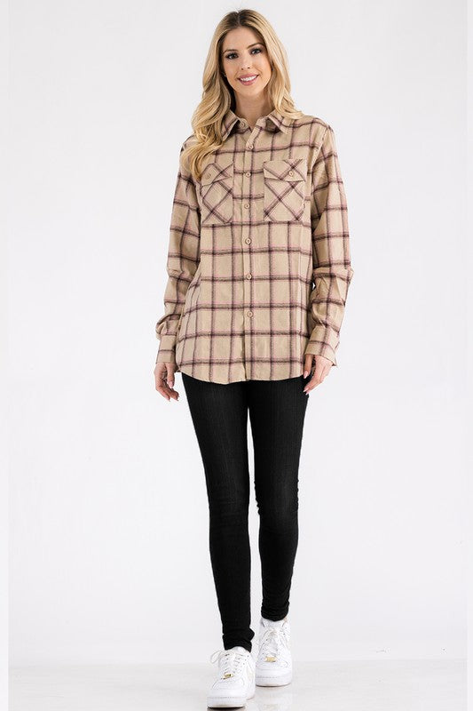 Women Boyfriend Fit Checker Plaid Flannel Long Sleeve Shirt