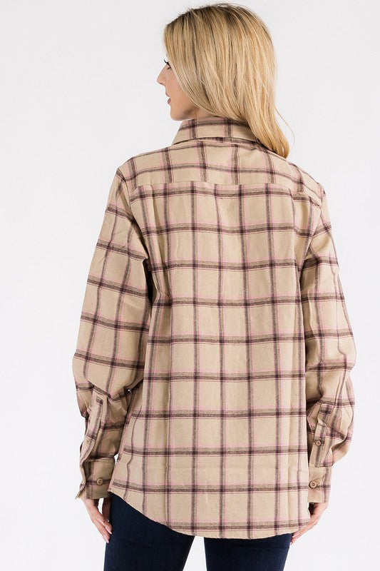 Women Boyfriend Fit Checker Plaid Flannel Long Sleeve Shirt