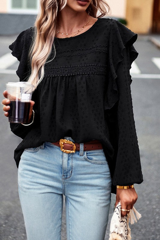 Lace Eyelet Ruffle Shoulder Long Sleeve Blouse