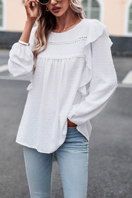 Lace Eyelet Ruffle Shoulder Long Sleeve Blouse