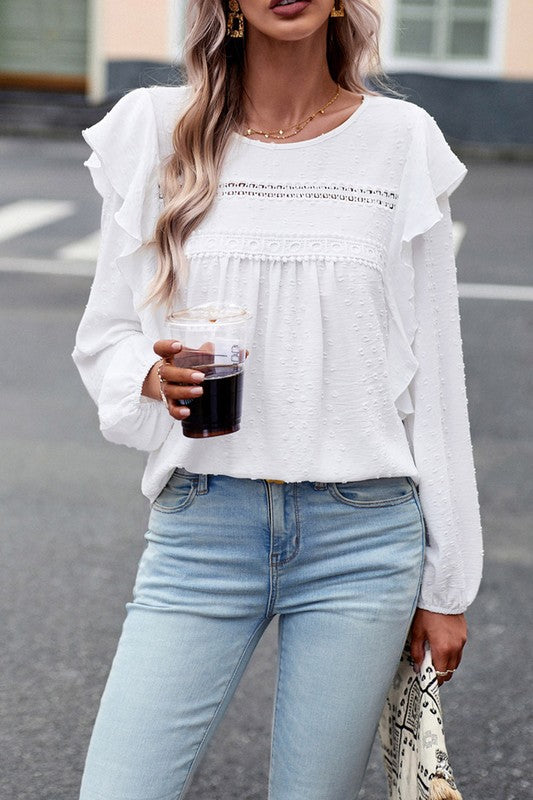 Lace Eyelet Ruffle Shoulder Long Sleeve Blouse