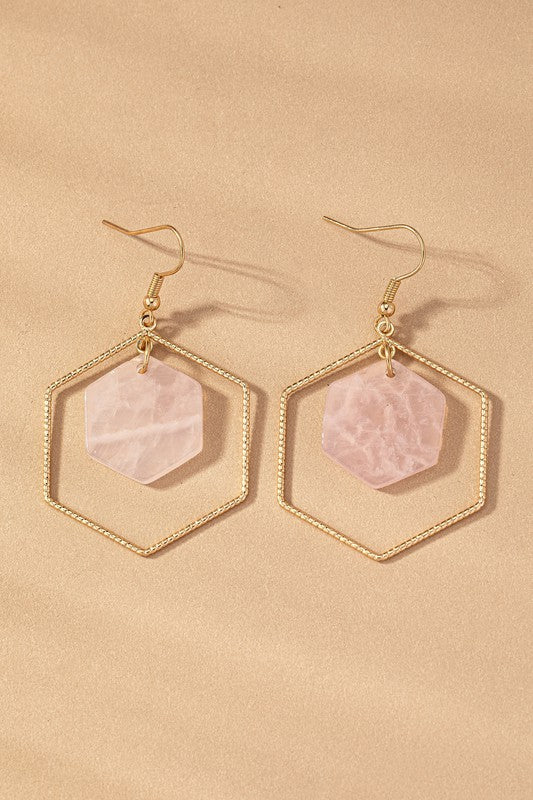 Hexagon hoop and stone drop earrings