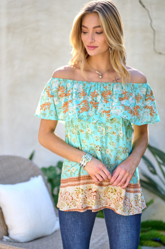 PRINTED OFF SHOULDER SMOCKED TOP