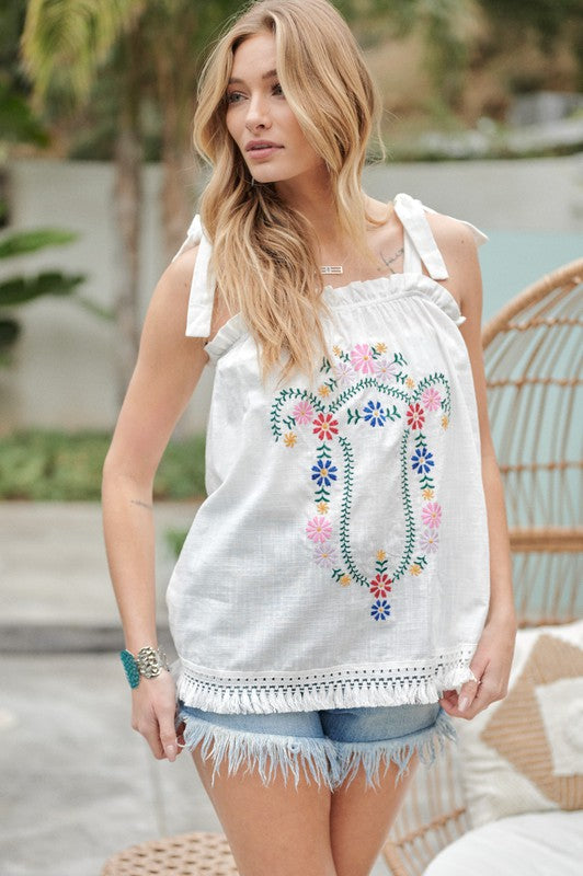 EMBROIDERED SLEEVELESS RUFFLE TANK TOP