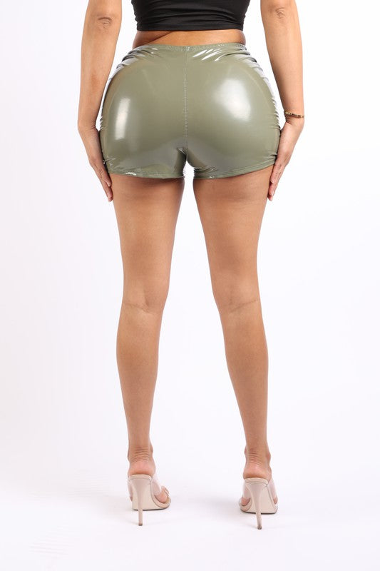 Ruched latex low rise micro mini shorts