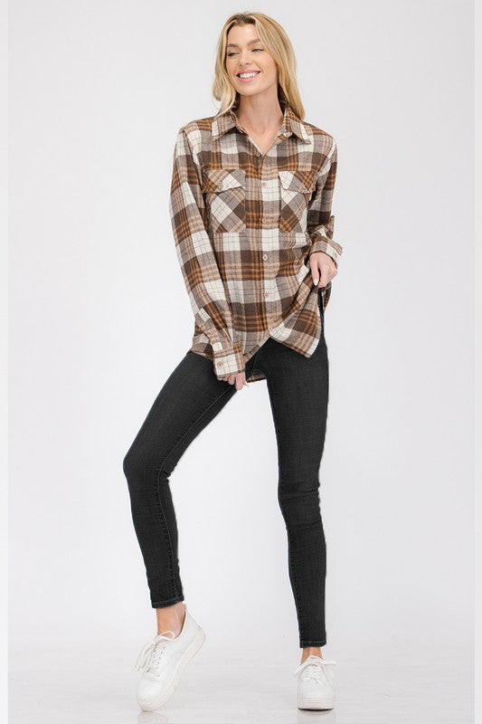 Women Boyfriend Fit Checker Plaid Flannel Long Sleeve Shirt