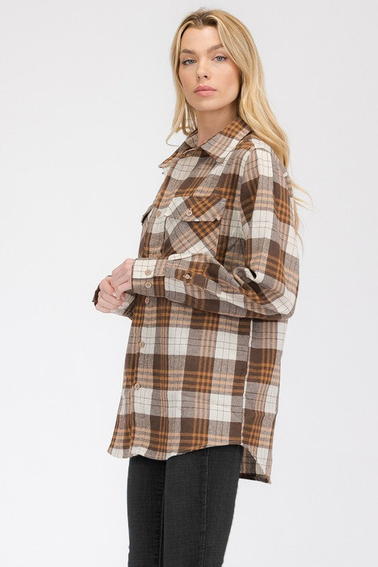 Women Boyfriend Fit Checker Plaid Flannel Long Sleeve Shirt