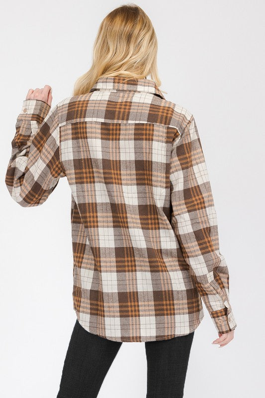 Women Boyfriend Fit Checker Plaid Flannel Long Sleeve Shirt