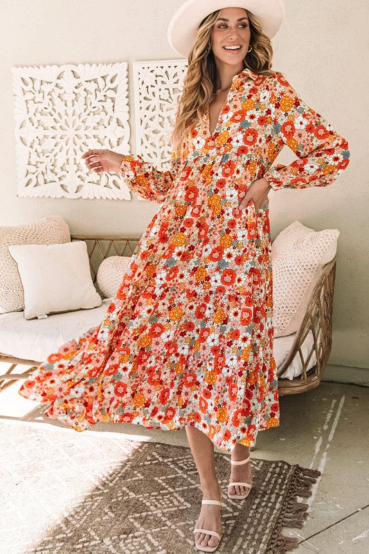 Boho Floral Collared Long Sleeve Dress