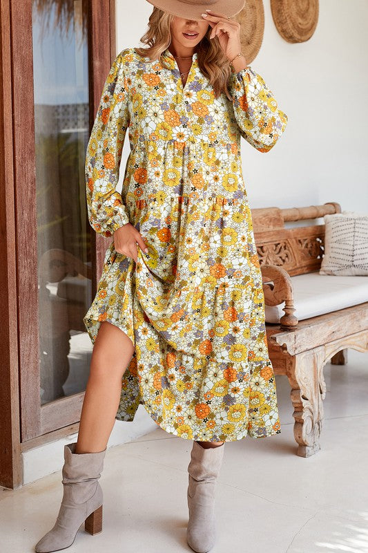 Boho Floral Collared Long Sleeve Dress