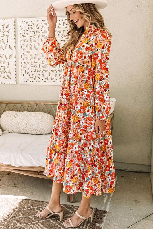 Boho Floral Collared Long Sleeve Dress