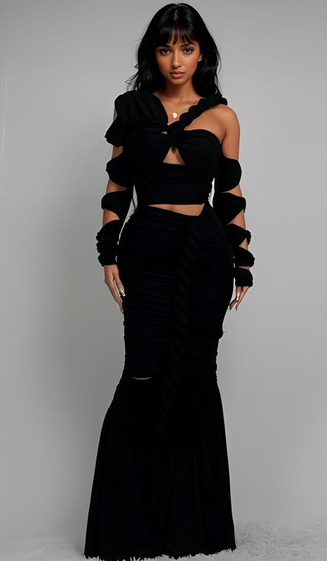 Long Sleeve Wrap Rope Maxi Dress