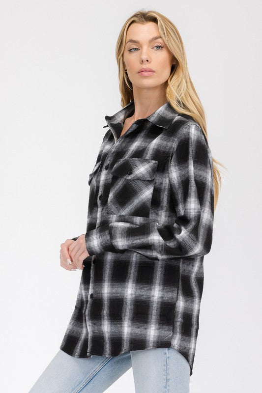 Women's Boyfriend Fit Checker Plaid Flannel Long Sleeve Shirt