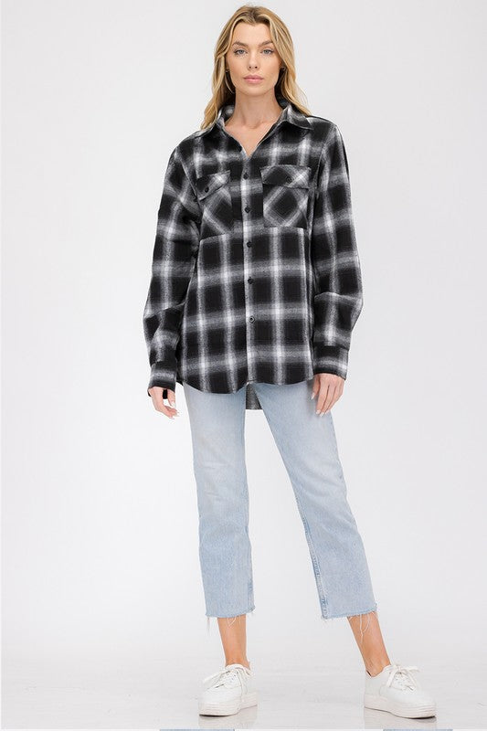 Women's Boyfriend Fit Checker Plaid Flannel Long Sleeve Shirt