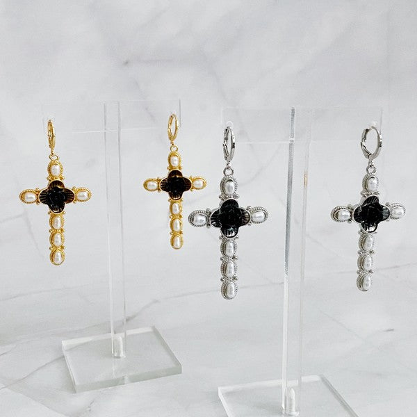 Black Rose Cross Earrings