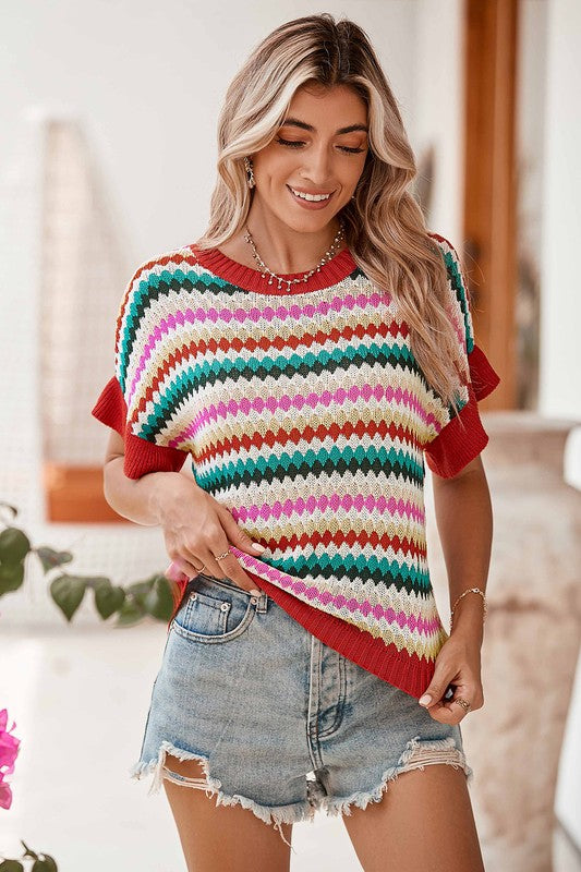 Colorblocked Piping Batwing Sleeve Knit Sweaters