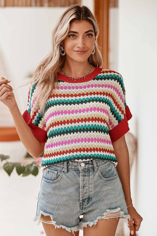 Colorblocked Piping Batwing Sleeve Knit Sweaters