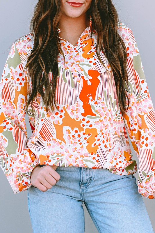 Orange Printed Split V Neck Puff Sleeve Blouse