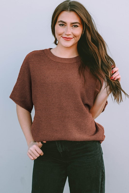 Coffee High Neck Short Bat Sleeve Sweater