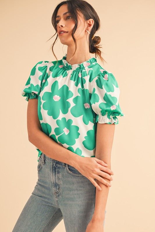 Green Floral Puff Sleeve Frill Neckline Blouse