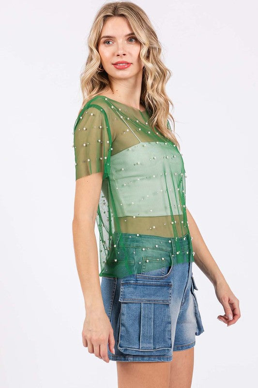 Plus Rhinestone & Pearl Mesh Top