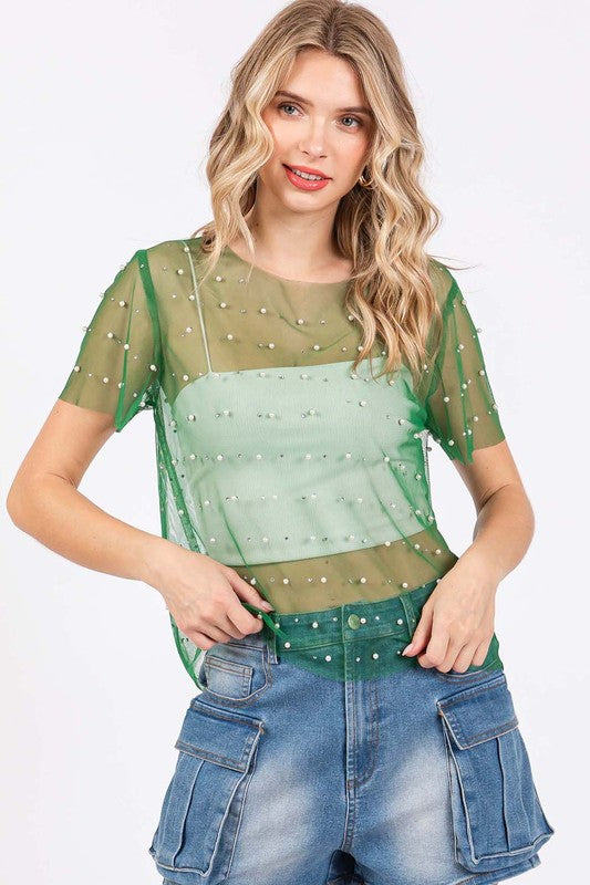 Rhinestone & Pearl Mesh Top