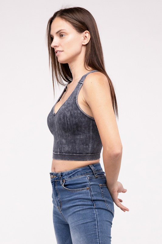 Washed Ribbed Cropped V-Neck Tank Top