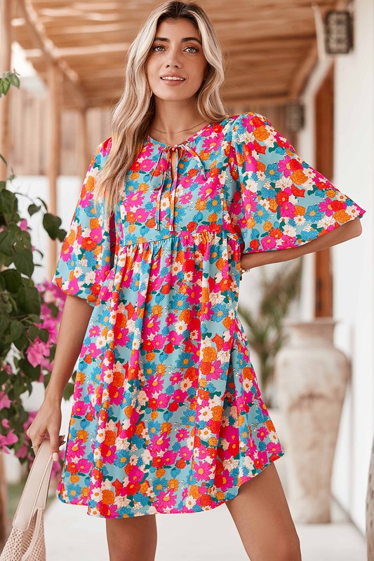 Boho Floral V Neck Lantern Sleeve Babydoll Dress