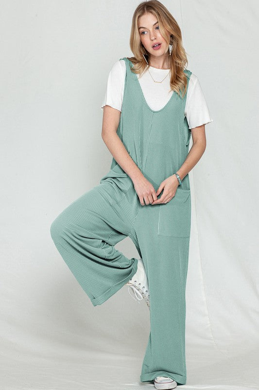 Corded Tie Straps V Neck Wide Leg Jumpsuit