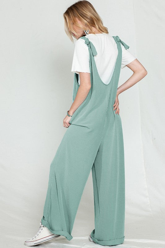 Corded Tie Straps V Neck Wide Leg Jumpsuit