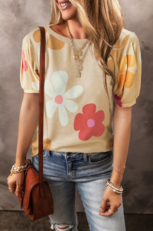 Big Flower Print Bubble Sleeve Tee