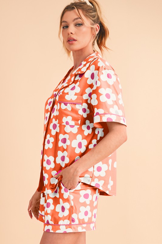 Flower Short Sleeve Shirt Pajamas Set