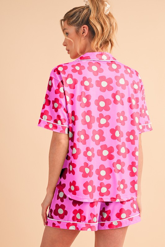 Flower Short Sleeve Shirt Pajamas Set