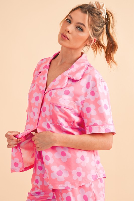 Flower Short Sleeve Shirt Pajamas Set