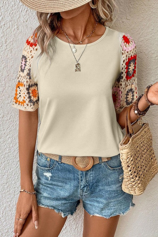 Floral Crochet Short Sleeve Top