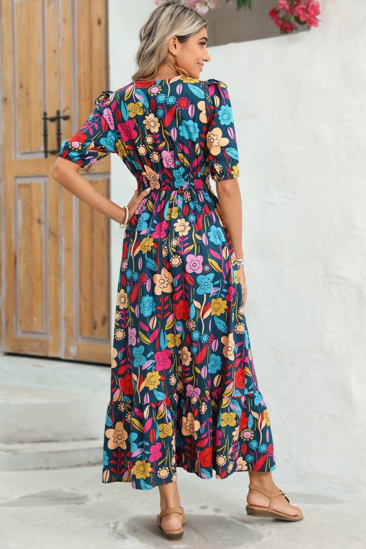Retro Floral Printed Split Neck Maxi Dress