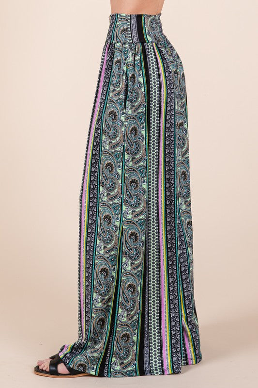 Boho. Print Wide Leg Pants with Pockets