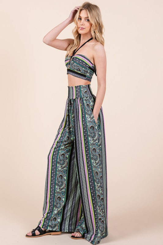 Boho. Print Wide Leg Pants with Pockets