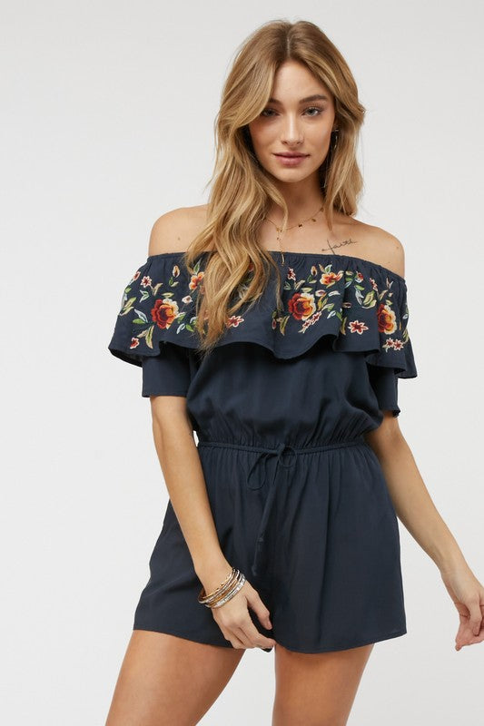 FLORAL EMBROIDERED OFF SHOULDER ROMPER